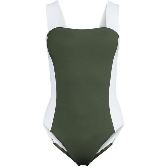 Land's End wide strap square neck ultra high leg one piece swimsuit rich olive - Picture 1 of 7